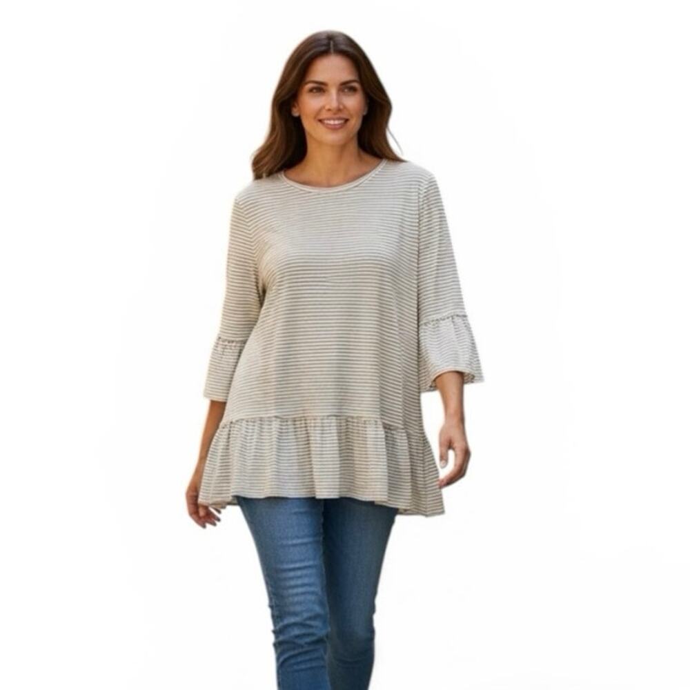 Multiples Beige & Cream Striped Ruffle Tunic Top Size XL Rayon Spandex Stretchy